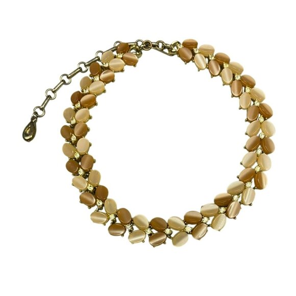 Vintage Signed Lisner Brown Cream Thermoset and Rhinestone Choker Necklace - Picture 2 of 6